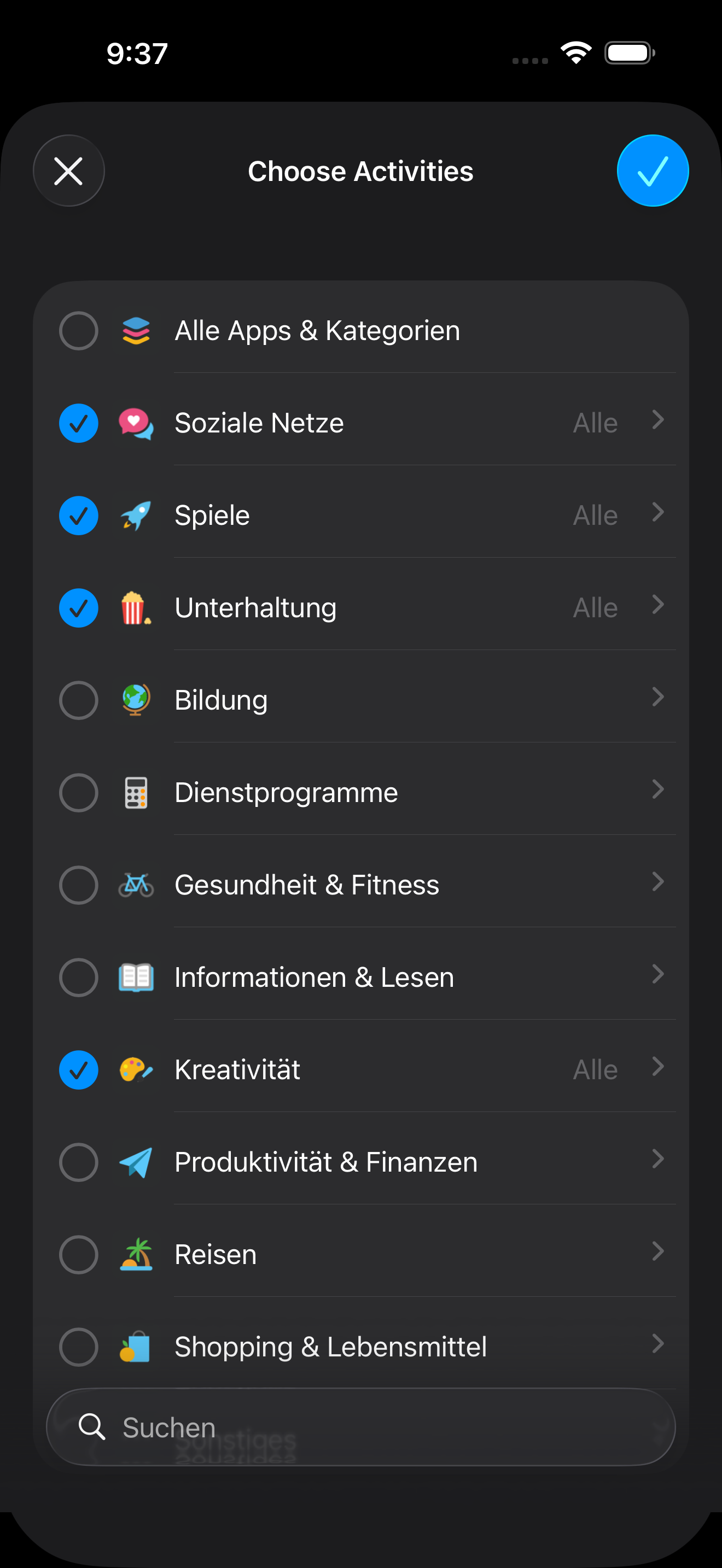 App-Auswahl in Zone