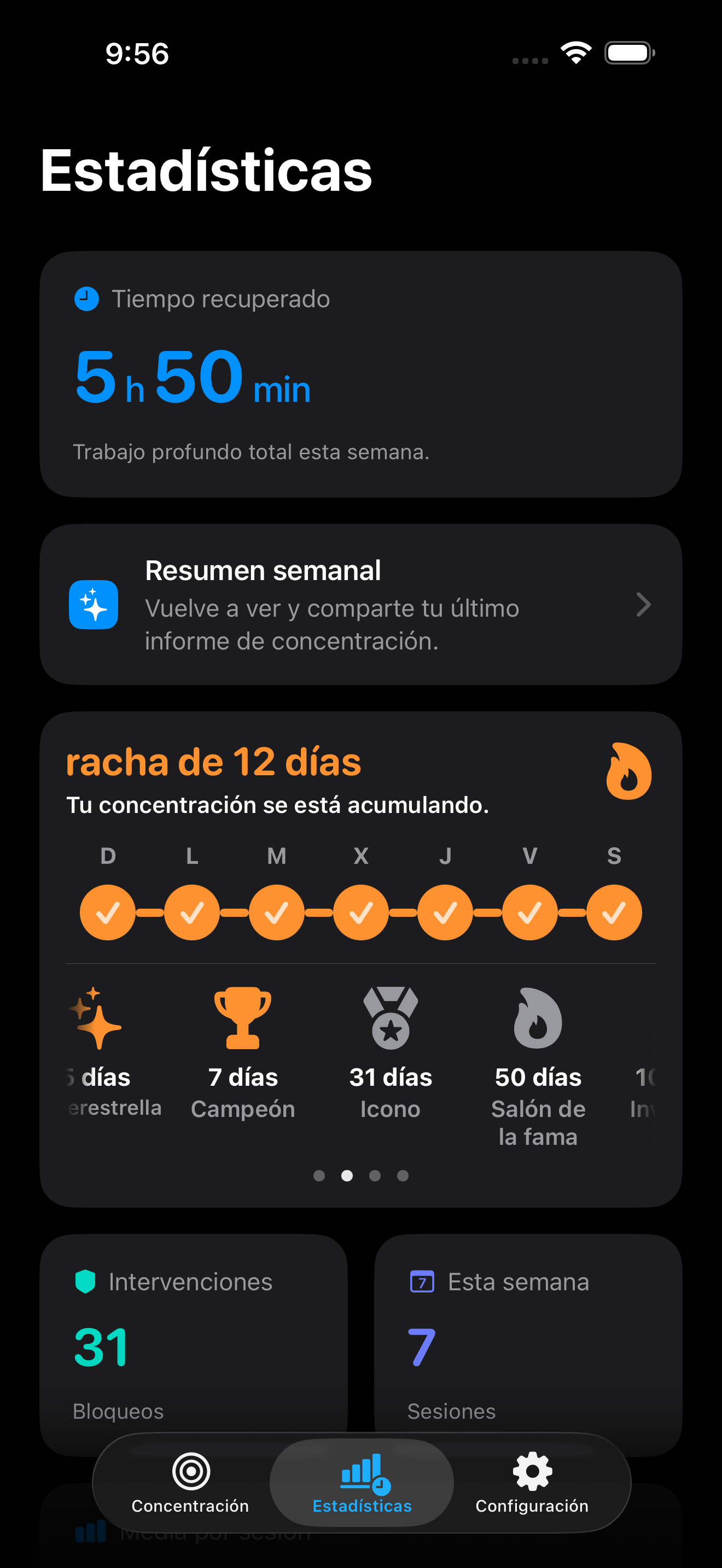 Panel de estadísticas de Zone