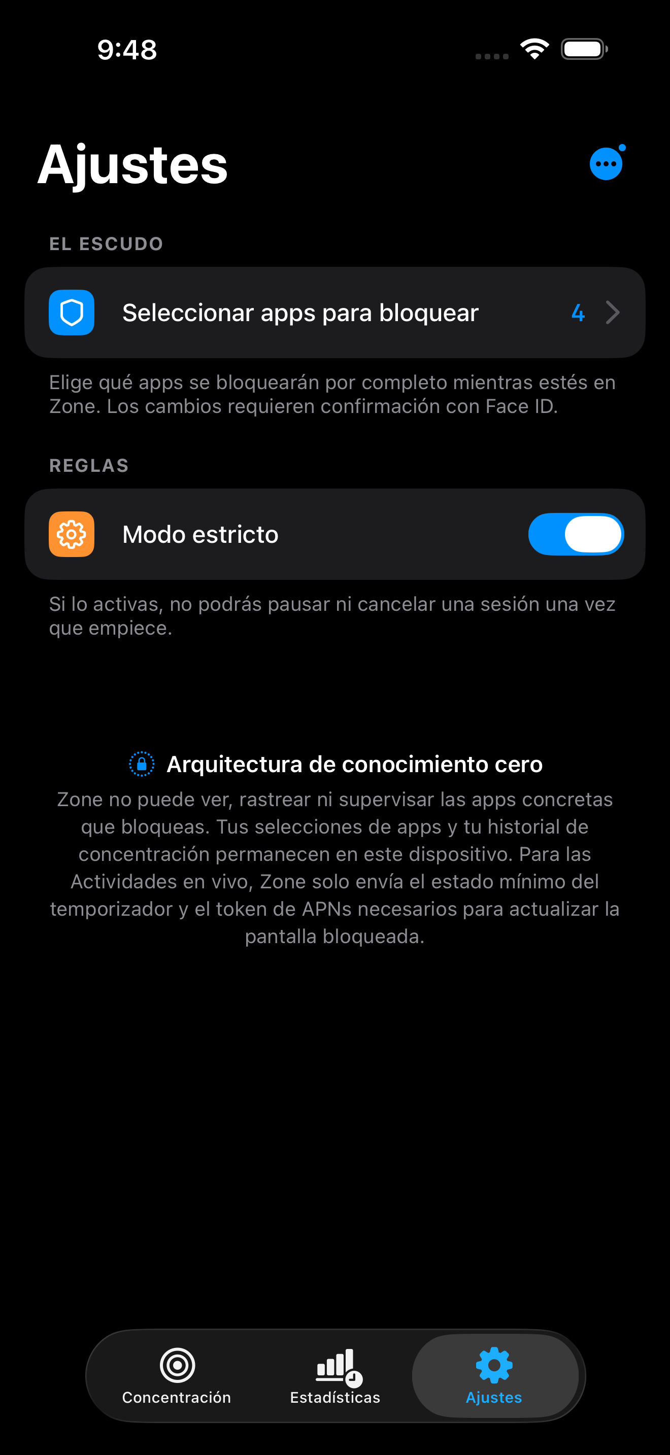 Ajustes del Modo estricto de Zone