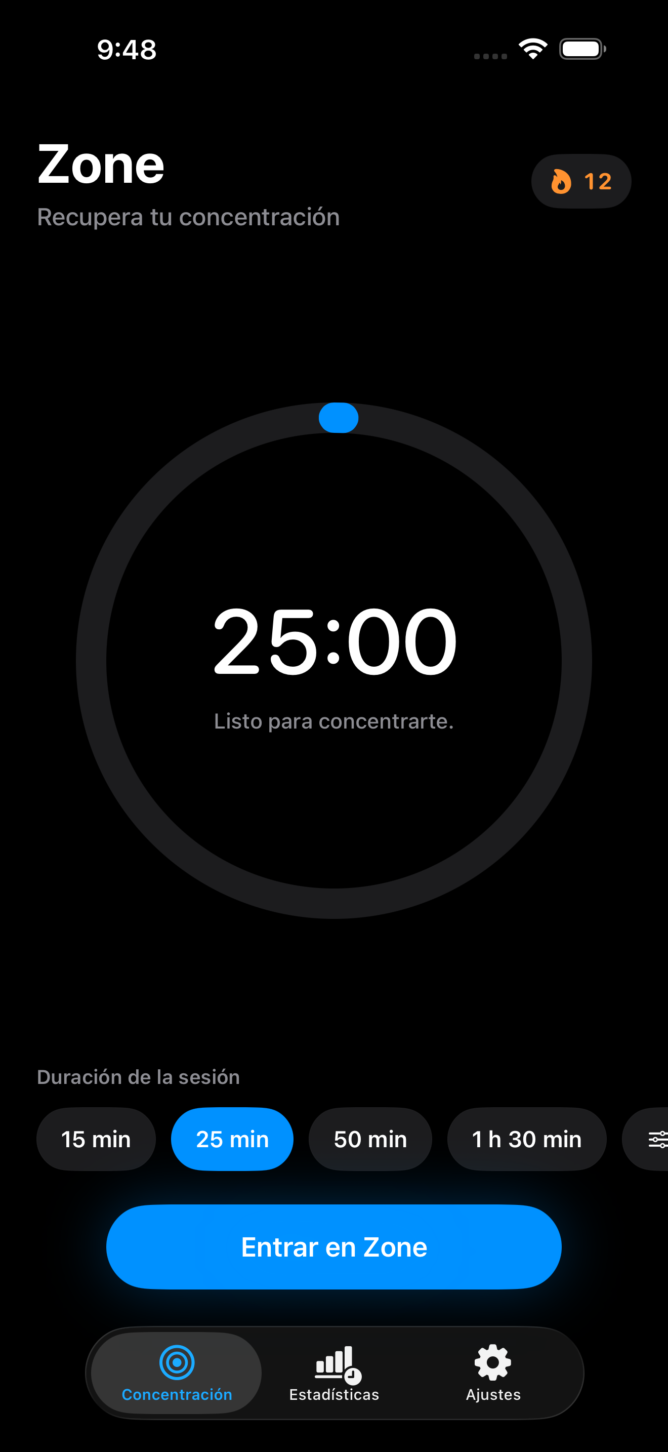 Interfaz del temporizador de Zone