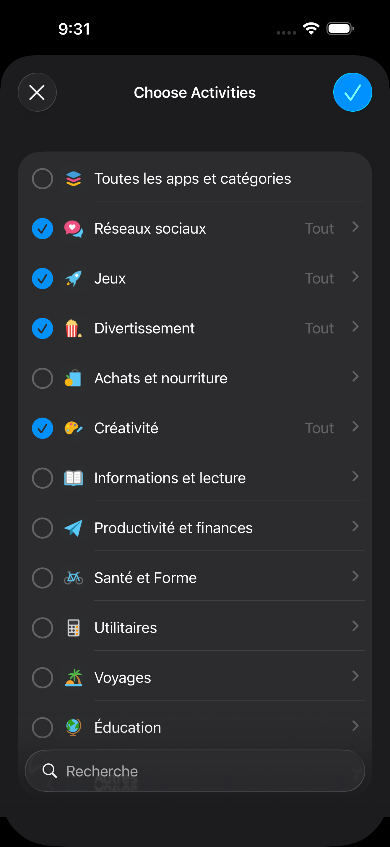 Sélection d’apps dans Zone