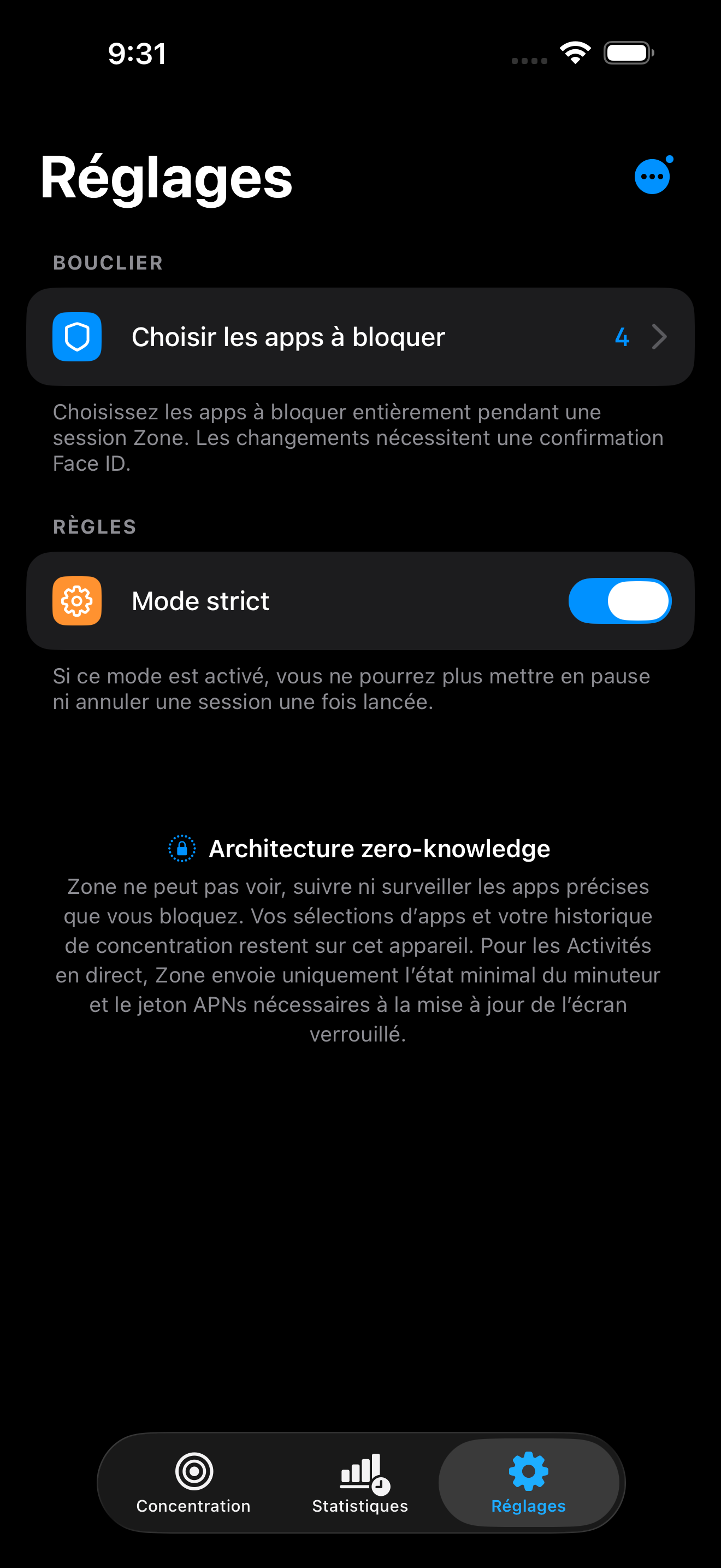 Réglages du Mode strict de Zone