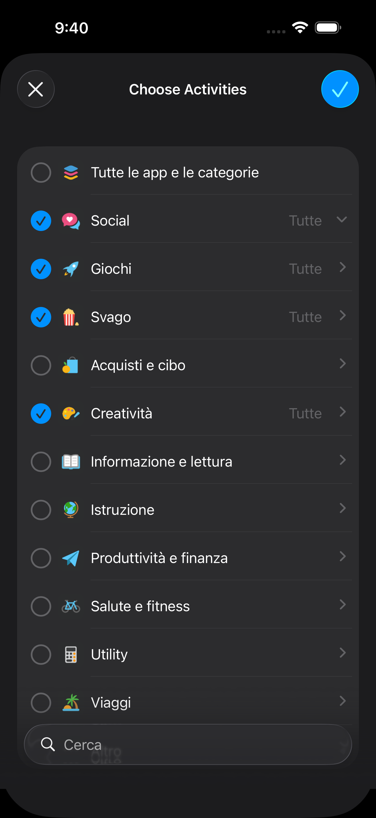 Selezione delle app in Zone