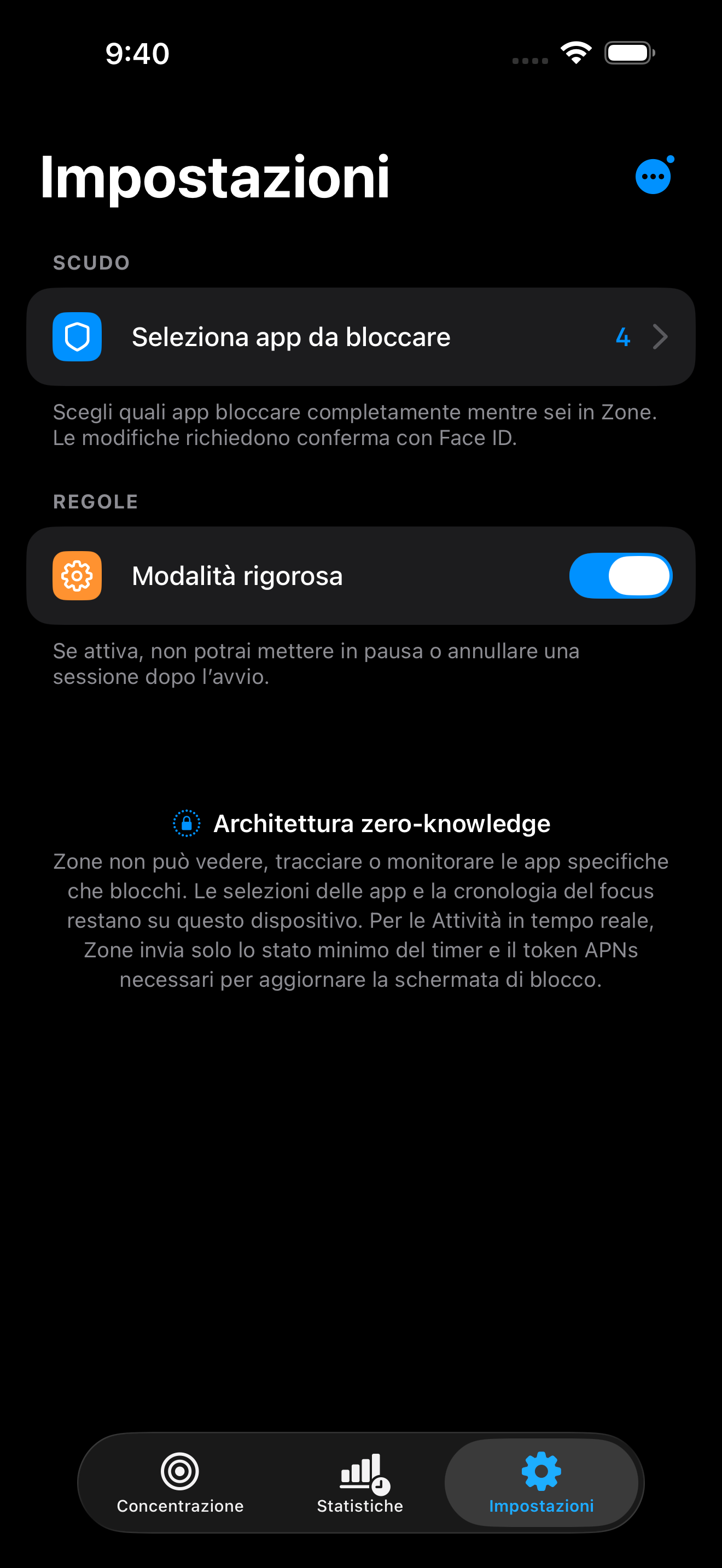 Impostazioni della Modalità rigorosa di Zone