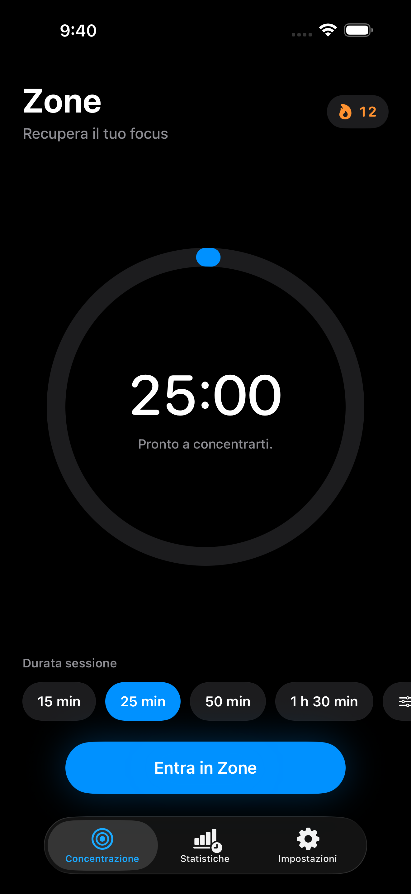 Interfaccia del timer di Zone