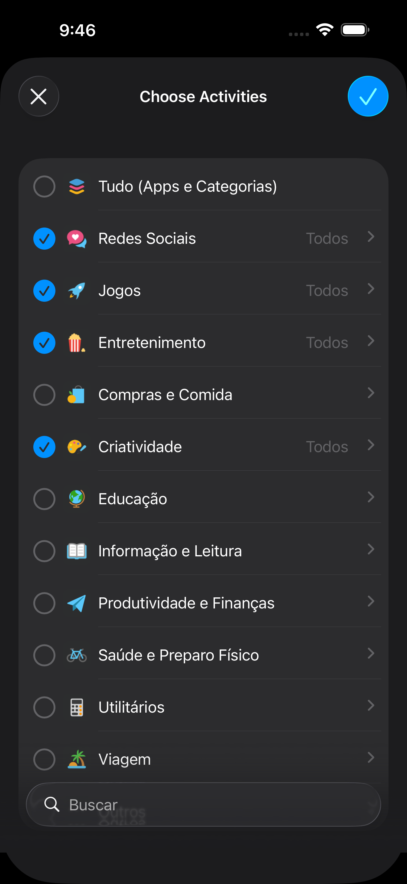 Seleção de apps no Zone
