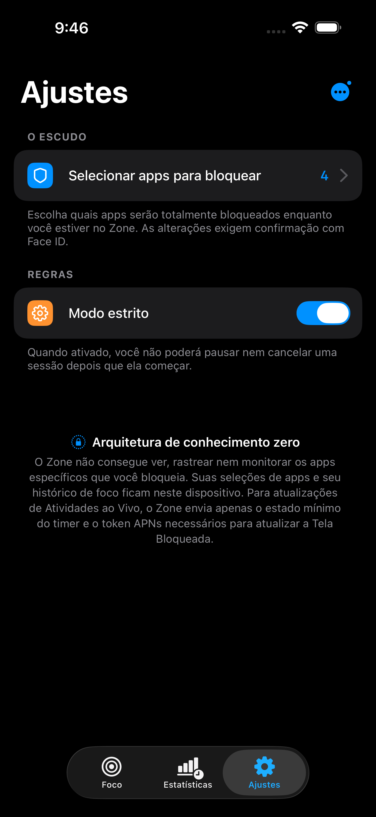 Ajustes do Modo Estrito do Zone